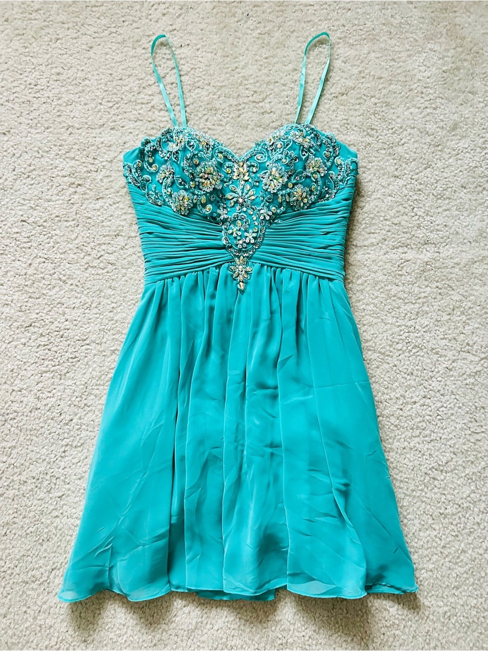 Girls' Teal Beaded Spaghetti-Strap Formal Dress